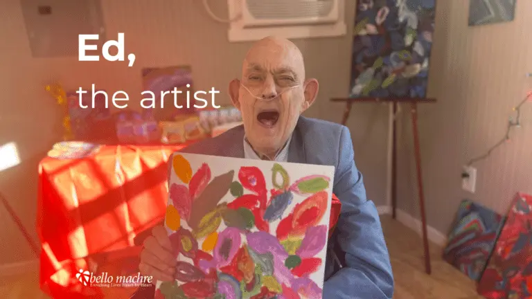 Bello Machre resident Ed showing off his artwork